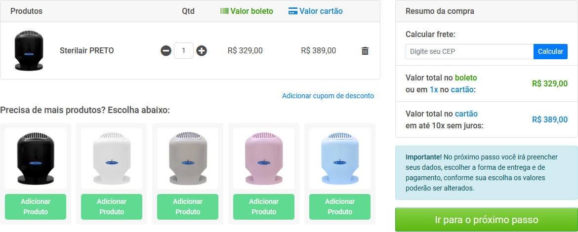 Como Comprar: Resumo do pedido Sterilair Como Comprar: Resumo do pedido Sterilair